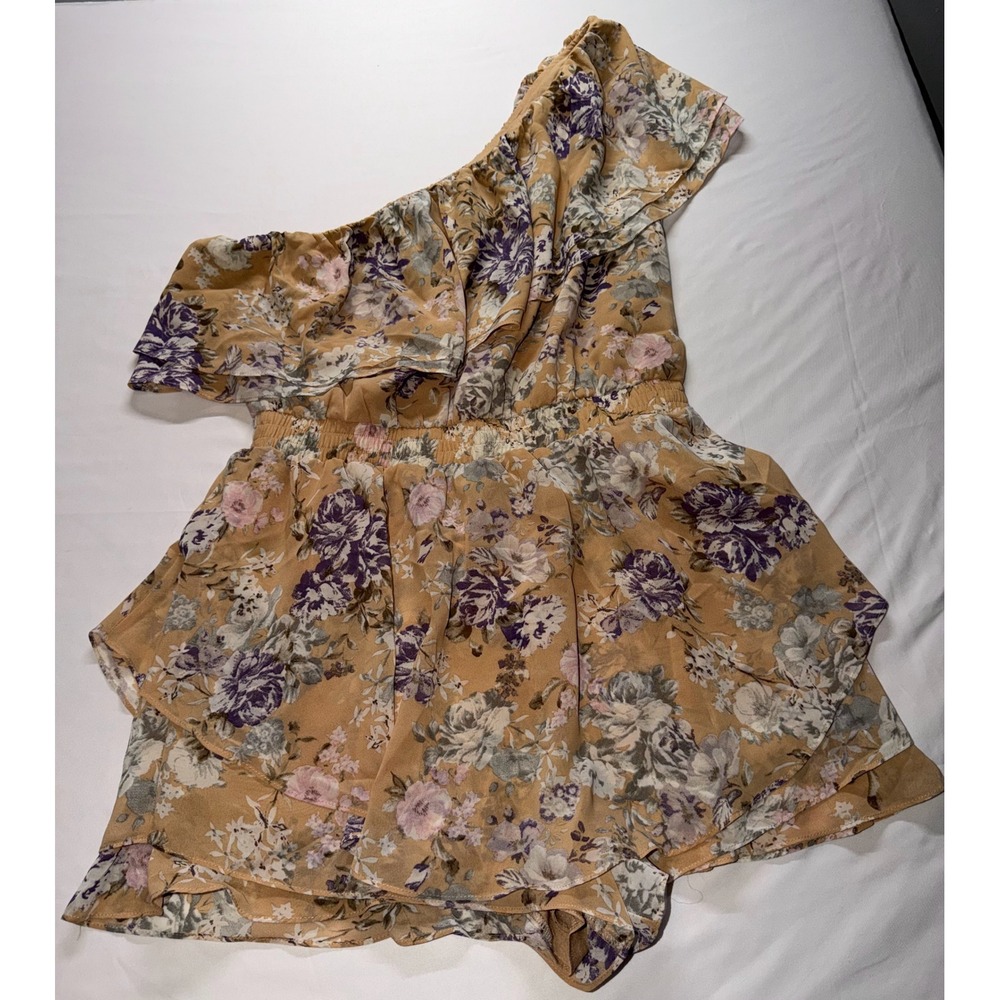Free The Roses Romper Womens Large Tan Floral One Shoulder Ruffle Tiered Boho